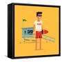 Cool Vector Modern Flat Character Design on Young Male Lifeguard Standing Full Length Holding Rescu-Mascha Tace-Framed Stretched Canvas