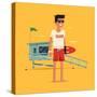 Cool Vector Modern Flat Character Design on Young Male Lifeguard Standing Full Length Holding Rescu-Mascha Tace-Stretched Canvas