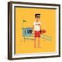 Cool Vector Modern Flat Character Design on Young Male Lifeguard Standing Full Length Holding Rescu-Mascha Tace-Framed Premium Giclee Print