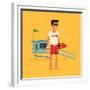 Cool Vector Modern Flat Character Design on Young Male Lifeguard Standing Full Length Holding Rescu-Mascha Tace-Framed Premium Giclee Print