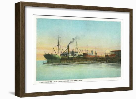 Coos Bay, Oregon - Ships Loading Lumber Scene-Lantern Press-Framed Art Print