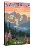 Copper River, Alaska - Bear Family and Flowers-Lantern Press-Stretched Canvas