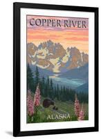 Copper River, Alaska - Bear Family and Flowers-Lantern Press-Framed Art Print