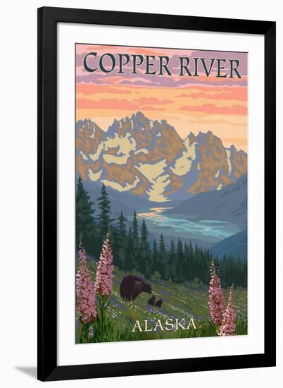 Copper River, Alaska - Bear Family and Flowers-Lantern Press-Framed Art Print
