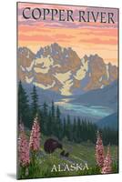 Copper River, Alaska - Bear Family and Flowers-Lantern Press-Mounted Art Print