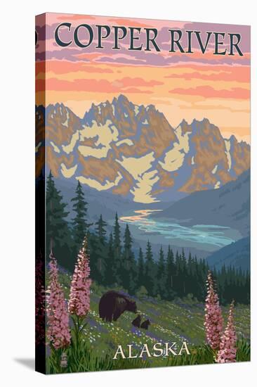 Copper River, Alaska - Bear Family and Flowers-Lantern Press-Stretched Canvas