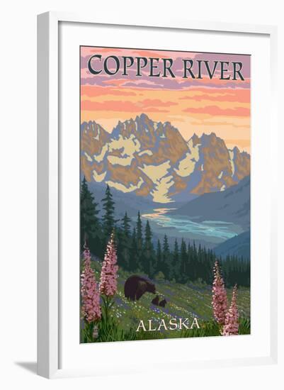 Copper River, Alaska - Bear Family and Flowers-Lantern Press-Framed Art Print