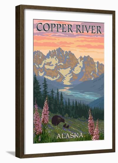 Copper River, Alaska - Bear Family and Flowers-Lantern Press-Framed Art Print