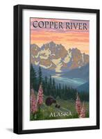 Copper River, Alaska - Bear Family and Flowers-Lantern Press-Framed Art Print