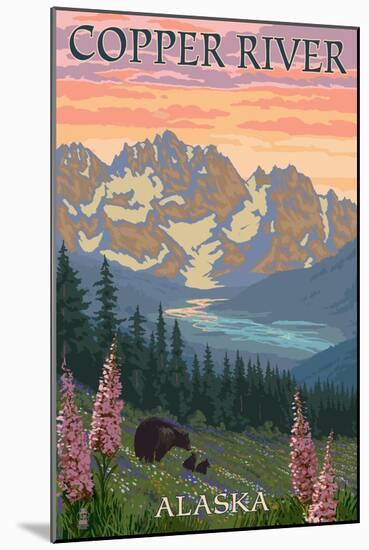 Copper River, Alaska - Bear Family and Flowers-Lantern Press-Mounted Art Print