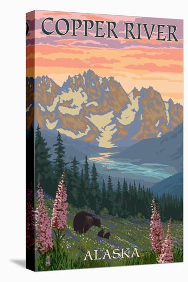 Copper River, Alaska - Bear Family and Flowers-Lantern Press-Stretched Canvas
