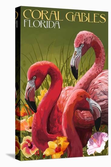 Coral Gables, Florida - Flamingos-Lantern Press-Stretched Canvas