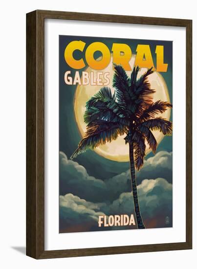 Coral Gables, Florida - Palms and Moon-Lantern Press-Framed Art Print