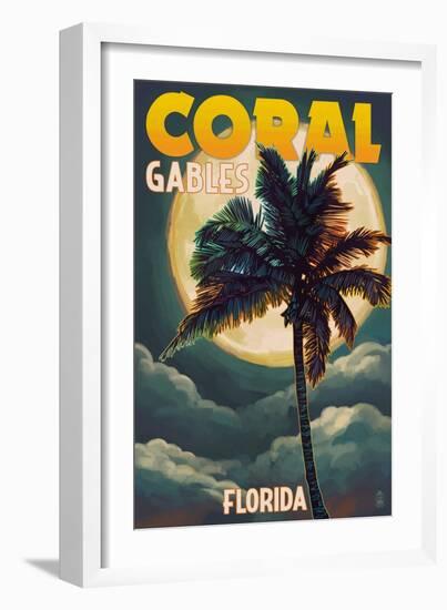 Coral Gables, Florida - Palms and Moon-Lantern Press-Framed Art Print