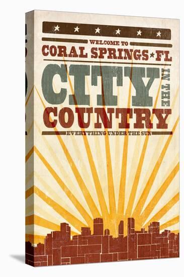 Coral Springs, Florida - Skyline and Sunburst Screenprint Style-Lantern Press-Stretched Canvas