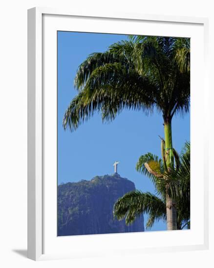 Corcovado and Christ statue viewed through the palm trees of the Botanical Garden, Zona Sul, Rio de-Karol Kozlowski-Framed Photographic Print