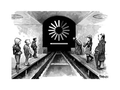 A group of commuters waiting for a subway train that's buffering. - New Yorker Cartoon