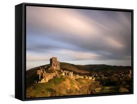 Corfe Castle and Corfe Village, Late Evening Light, Dorset, Uk. November 2008-Ross Hoddinott-Framed Stretched Canvas