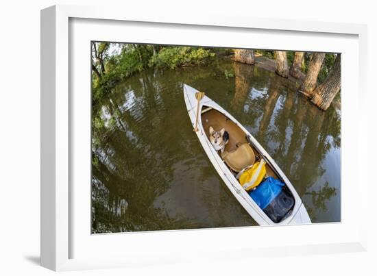 Corgi Dog in a Decked Expedition Canoe on a Lake in Colorado, a Distorted Wide Angle Fisheye Lens P-PixelsAway-Framed Photographic Print