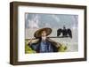 Cormorant Fisherman and His Bird on the Li River in Yangshuo, Guangxi, China.-SeanPavonePhoto-Framed Photographic Print