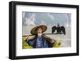 Cormorant Fisherman and His Bird on the Li River in Yangshuo, Guangxi, China.-SeanPavonePhoto-Framed Photographic Print