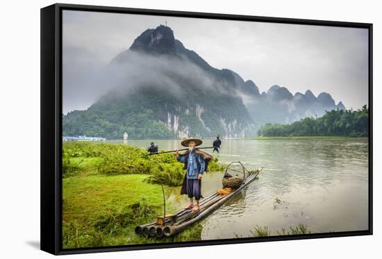 Cormorant Fisherman and His Birds on the Li River in Yangshuo, Guangxi, China.-SeanPavonePhoto-Framed Stretched Canvas