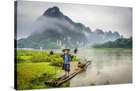 Cormorant Fisherman and His Birds on the Li River in Yangshuo, Guangxi, China.-SeanPavonePhoto-Stretched Canvas