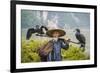 Cormorant Fisherman and His Birds on the Li River in Yangshuo, Guangxi, China.-SeanPavonePhoto-Framed Photographic Print