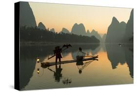 Cormorant Fisherman on Li River at Dawn, Xingping, Yangshuo, Guangxi, China-Ian Trower-Stretched Canvas