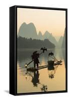 Cormorant Fisherman on Li River at Dawn, Xingping, Yangshuo, Guangxi, China-Ian Trower-Framed Stretched Canvas