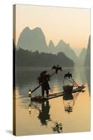 Cormorant Fisherman on Li River at Dawn, Xingping, Yangshuo, Guangxi, China-Ian Trower-Stretched Canvas