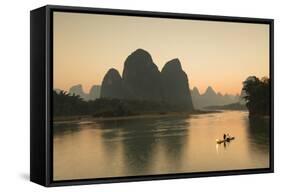 Cormorant Fisherman on Li River at Dusk, Xingping, Yangshuo, Guangxi, China-Ian Trower-Framed Stretched Canvas