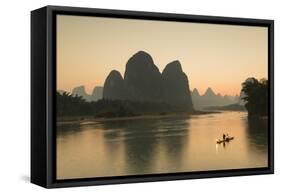 Cormorant Fisherman on Li River at Dusk, Xingping, Yangshuo, Guangxi, China-Ian Trower-Framed Stretched Canvas