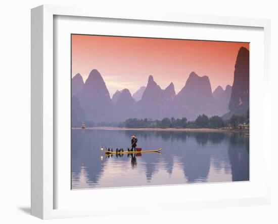 Cormorant Fisherman on Li River, China-Walter Bibikow-Framed Premium Photographic Print