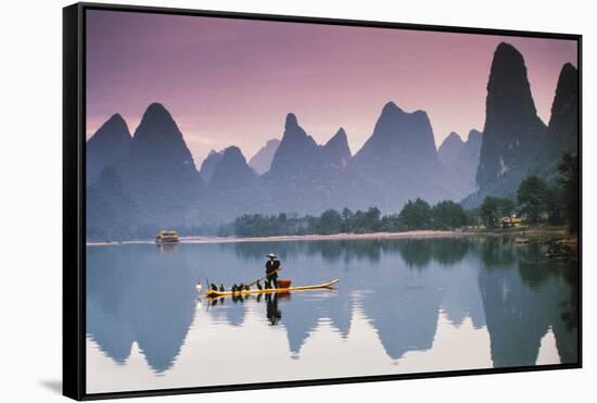 Cormorant Fishing at Dusk, Li River, Guangxi, China-Walter Bibikow-Framed Stretched Canvas