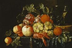 Peaches, Oranges, Grapes and Langoustines on a Pewter Plate and a Conical Roemer on a Box on a…-Cornelis De Heem-Stretched Canvas