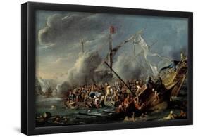 Cornelis de Wael / 'Naval combat between Spaniards and Turks', 17th century, Flemish School, Oil...-CORNELIS DE WAEL-Framed Poster