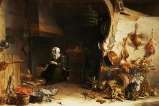 A Kitchen Interior with a Servant Girl Surrounded by Utensils, Vegetables and a Lobster on a Plate-Cornelis van Lelienbergh-Framed Stretched Canvas