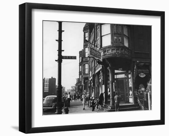 Corner Drugstore and Pedestrian Traffic on W. Oak St. in the Italian Section of Chicago-Gordon Coster-Framed Photographic Print