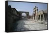 Corner of Forum and Arch of Tiberius, Pompeii, UNESCO World Heritage Site, Campania, Italy-Walter Rawlings-Framed Stretched Canvas