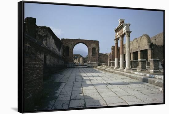 Corner of Forum and Arch of Tiberius, Pompeii, UNESCO World Heritage Site, Campania, Italy-Walter Rawlings-Framed Stretched Canvas