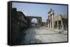 Corner of Forum and Arch of Tiberius, Pompeii, UNESCO World Heritage Site, Campania, Italy-Walter Rawlings-Framed Stretched Canvas