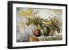 Cornflowers, Daisies and Other Flowers in a Vase by a Kettle on a Ledge-Carl H. Fischer-Framed Giclee Print