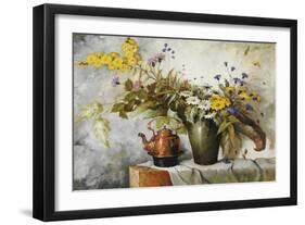 Cornflowers, Daisies and Other Flowers in a Vase by a Kettle on a Ledge-Carl H. Fischer-Framed Giclee Print