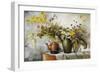 Cornflowers, Daisies and Other Flowers in a Vase by a Kettle on a Ledge-Carl H. Fischer-Framed Giclee Print