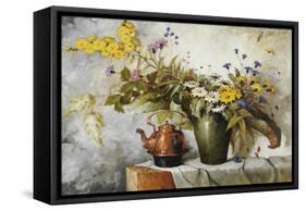 Cornflowers, Daisies and Other Flowers in a Vase by a Kettle on a Ledge-Carl H. Fischer-Framed Stretched Canvas