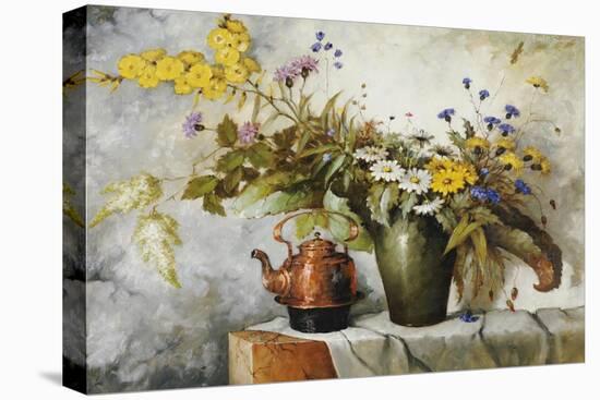 Cornflowers, Daisies and Other Flowers in a Vase by a Kettle on a Ledge-Carl H. Fischer-Stretched Canvas