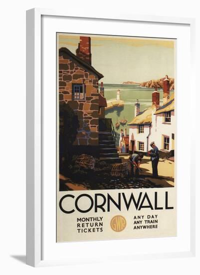 Cornwall, England - Street Scene with Two Men Working Railway Poster-Lantern Press-Framed Art Print