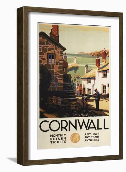 Cornwall, England - Street Scene with Two Men Working Railway Poster-Lantern Press-Framed Art Print