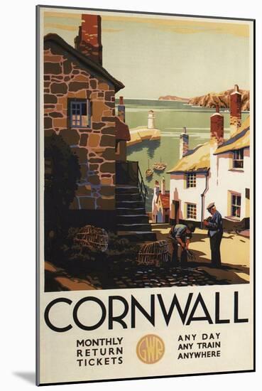 Cornwall, England - Street Scene with Two Men Working Railway Poster-Lantern Press-Mounted Art Print